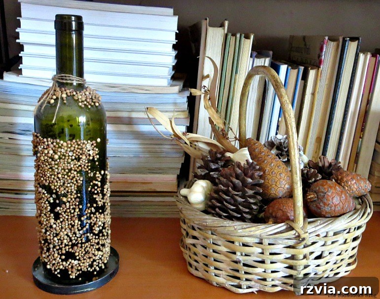 A bottle covered in seeds, showcasing an aged and textured look for Halloween decor.