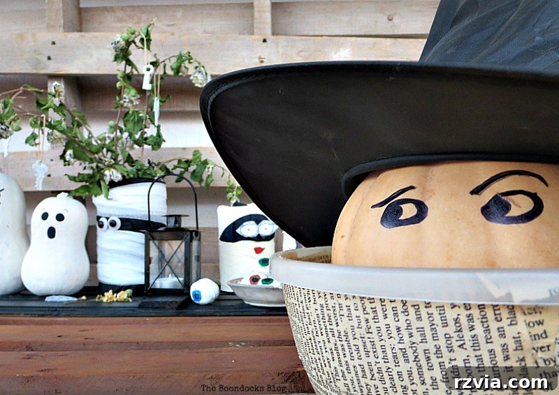 Pumpkin wearing a witches hat, in a bowl with decoupage, Halloween table centerpiece