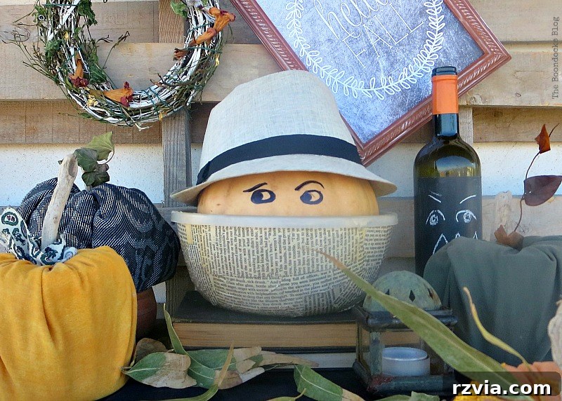 Crafting the Paranoid Pumpkin Man 10 A wider view of the Fall Pumpkin Vignette, with 'The Paranoid Man Pumpkin' at its center, surrounded by other decor elements, from www.theboondocksblog.com