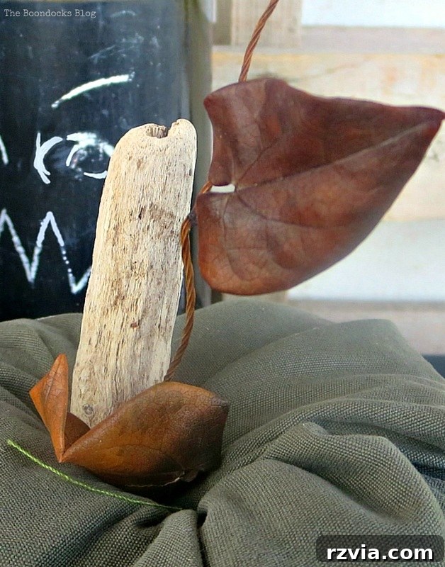 Crafting the Paranoid Pumpkin Man 14 Close-up of dried leaves with a leathery texture, adding to the fall vignette in 'The Paranoid Man Pumpkin Craft,' from www.theboondocksblog.com