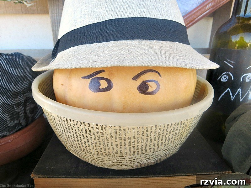 Crafting the Paranoid Pumpkin Man 4 The Paranoid Man Pumpkin assembled in his mod podged bowl, wearing a fedora and googly eyes, from www.theboondocksblog.com