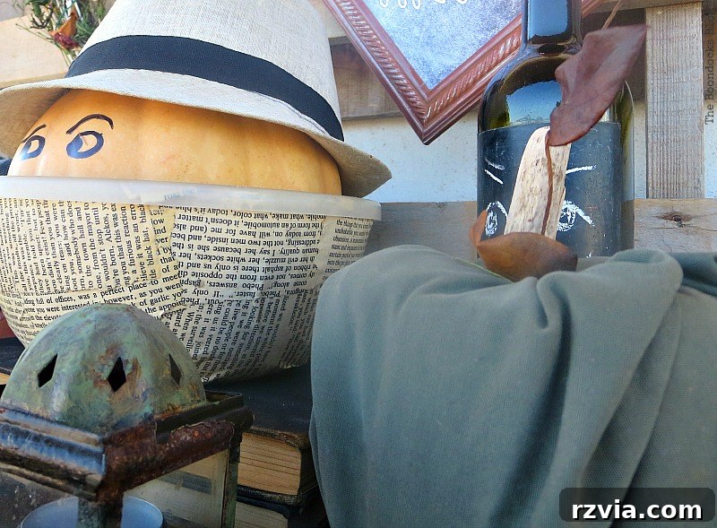 Crafting the Paranoid Pumpkin Man 6 The Paranoid Man Pumpkin next to a solitary green pumpkin, further illustrating his anxiety in 'The Paranoid Man Pumpkin Craft,' from www.theboondocksblog.com