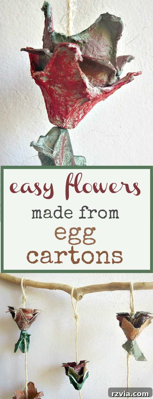 A collage showcasing a finished egg carton flower and the complete wall art hanging, emphasizing the simplicity and impact of this upcycled craft. These easy egg carton flowers are a budget- and eco-friendly way to add whimsical decor to your home! DIY tutorial included.