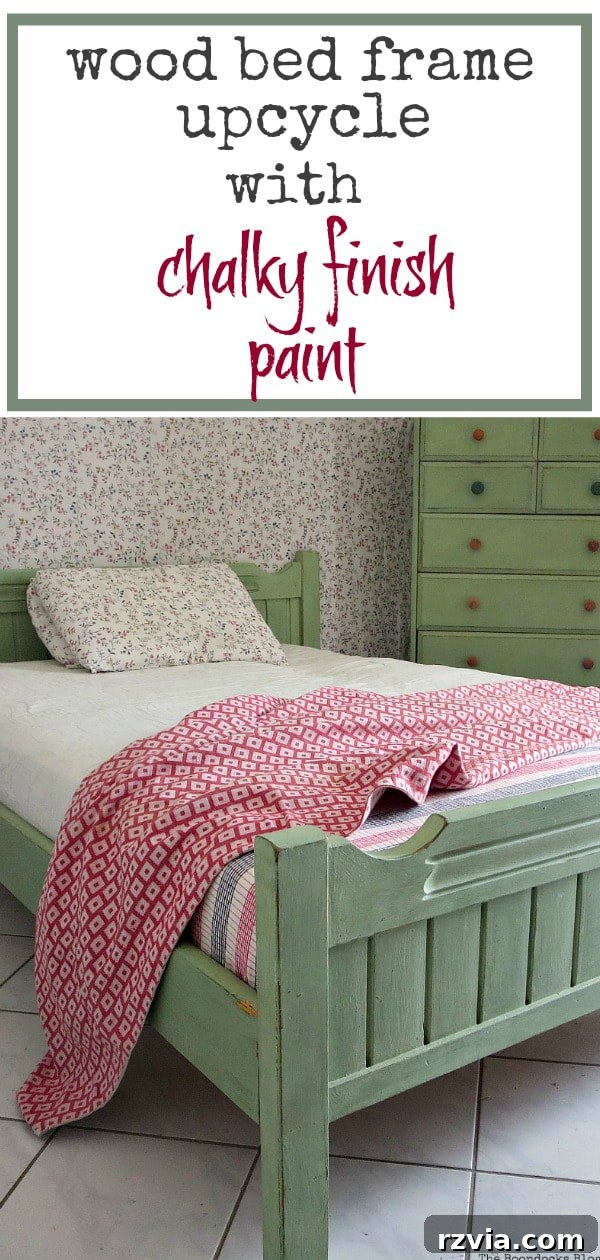 Finished bed frame painted with DecoArt chalky finish paint to match an Ikea dresser, showcasing a successful DIY furniture makeover. Hashtags: #furnituremakeover #paintedfurniture #bedmakeover #woodenbed #chalkyfinishpaint #DIYproject #paintproject.