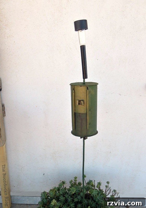 Solar light precariously placed inside a succulent pot on the coffee roaster