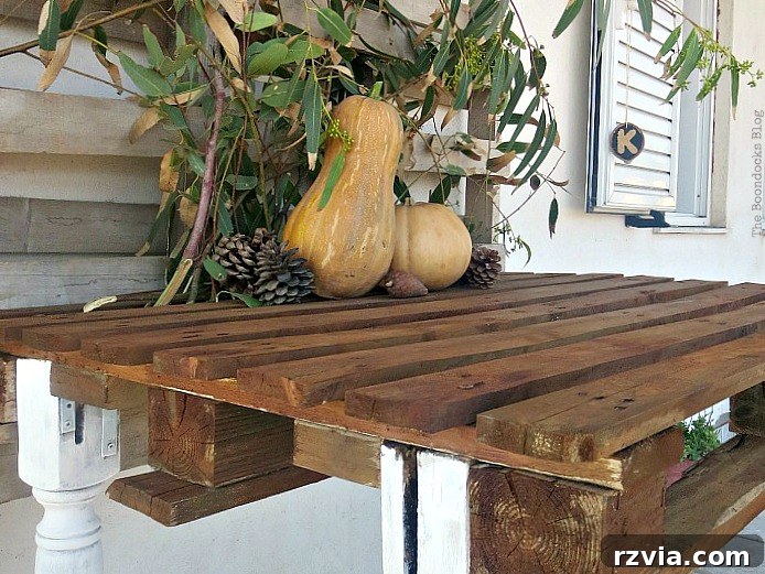Upcycled Elegance: Crafting a Pallet and Salvaged Wood Table 2 The finished DIY pallet table, ready for its new role in a fall vignette, showcasing the beauty of reclaimed materials and thoughtful design. www.theboondocksblog.com