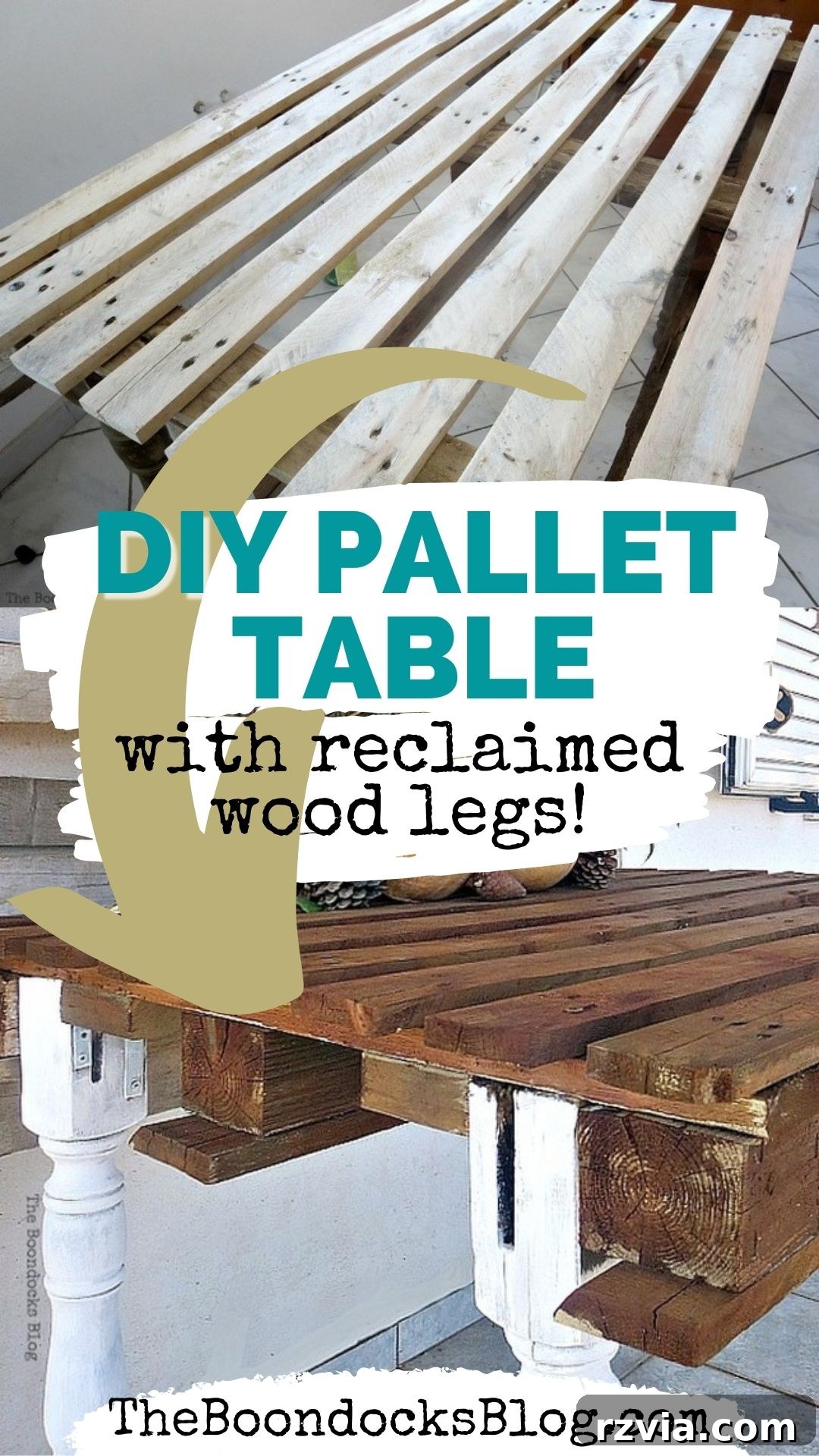 Upcycled Elegance: Crafting a Pallet and Salvaged Wood Table 22 Collage of before and after images of a DIY pallet table, showcasing its transformation from reclaimed materials to a beautiful and functional piece of upcycled furniture. Learn how to make your own DIY pallet table with just a few supplies. This one was made with reclaimed wood spindles as the legs. Makes a great potting station or outdoor serving table for the patio. www.theboondocksblog.com