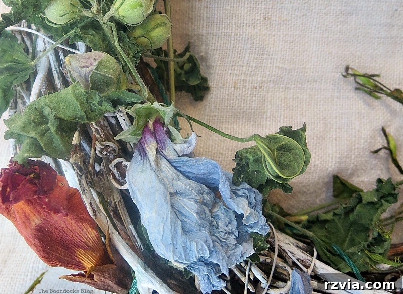 Blue dried flowers on a wreath, symbolizing the Autumn of Life