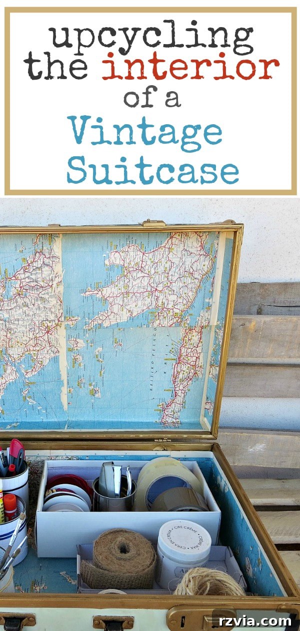 What Stories Does the Vintage Suitcase Tell 19 Upcycling the interior of a vintage suitcase for organized sewing storage - #upcycle #repair #metalvintagesuitcase #decoupage #modpodge #oldmaps #storage #organizing #DIYSewingStorage