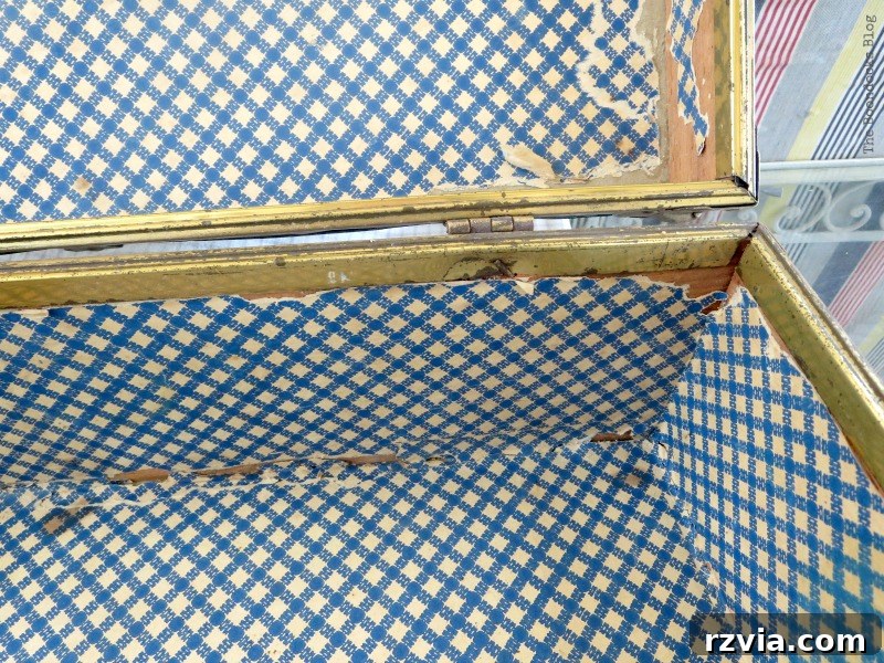 What Stories Does the Vintage Suitcase Tell 5 Rusty metalwork inside the vintage suitcase, pre-restoration detail