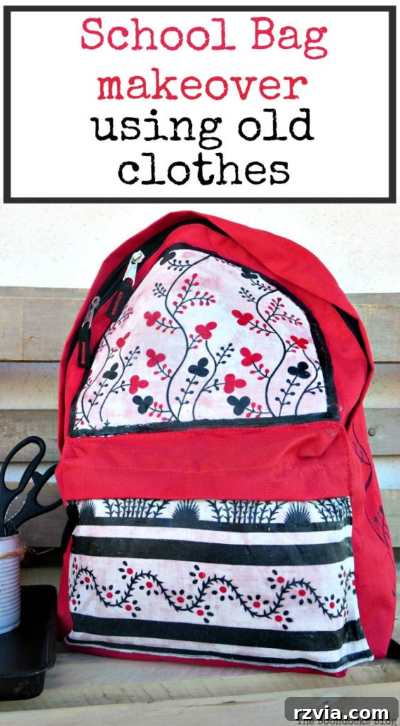 From Fabric Scraps to Adventure Packs 26 Pin-ready image for Pinterest: DIY backpack makeover using upcycled fabric from old clothes for back-to-school.