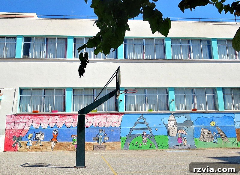 From Fabric Scraps to Adventure Packs 4 A view of an elementary school yard in Greece, highlighting the setting for our DIY project.