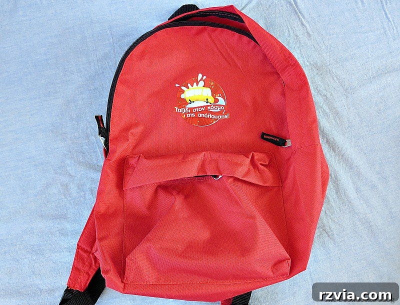From Fabric Scraps to Adventure Packs 5 Before shot of the small, sturdy backpack with a prominent childish sticker on the front, needing a makeover.