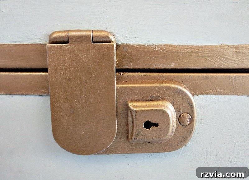 Breathing New Life into Old Luggage 12 A detailed close-up of a gold-painted clasp on the restored vintage suitcase, showcasing the metallic luster.
