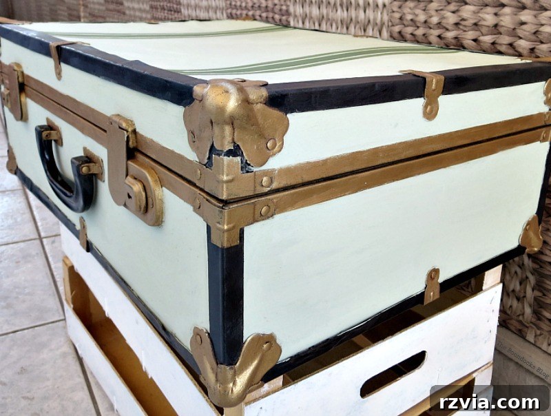 Breathing New Life into Old Luggage 13 A corner view of the elegantly painted vintage suitcase, highlighting the contrasting gold and black elements.