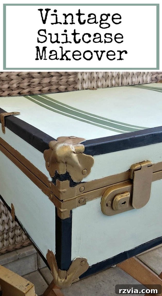 Breathing New Life into Old Luggage 18 Vintage suitcase makeover overlay with a close-up of the beautifully painted and restored vintage luggage, perfect for pinning.
