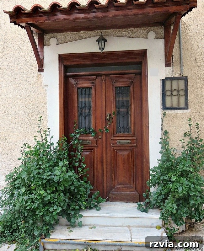 Classic traditional wooden door with protective metal details on windows, blending rustic charm with security in Greece, a focus of www.theboondocksblog.com's photo essay.