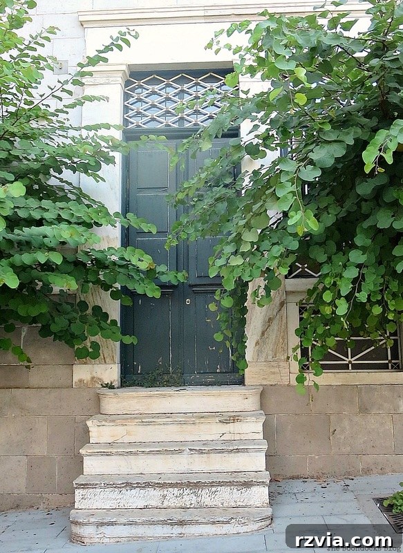 Quaint narrow green wooden door, adding a splash of color to a Greek building, featured in www.theboondocksblog.com's door collection.