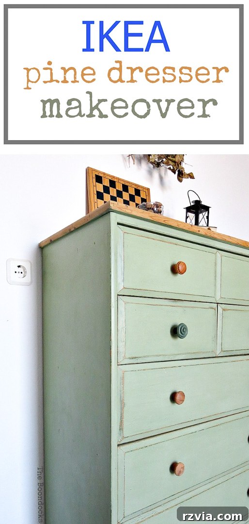 Ikea Pine Dresser Makeover 21 Pinterest friendly image of a beautiful IKEA pine dresser makeover with green chalk paint.