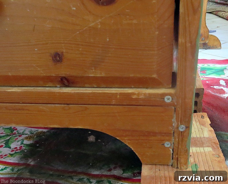 Ikea Pine Dresser Makeover 4 Damaged bottom legs and structural issues of the old IKEA pine dresser requiring repair. How to save an Ikea Pine Dresser www.theboondocksblog.com