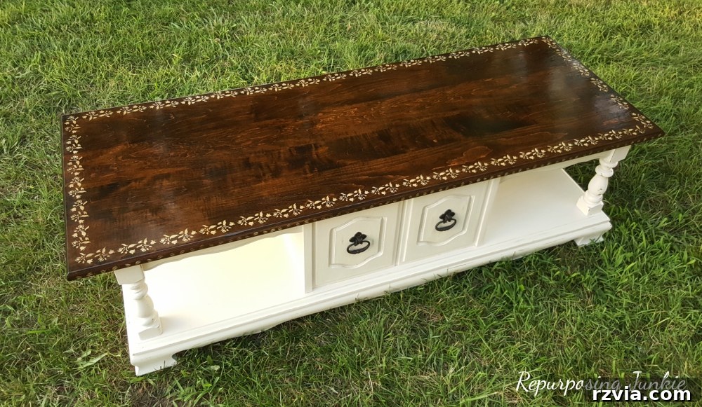 From Curb to Chic: Coffee Table's Gorgeous New Look 11 A close-up of the solid wood coffee table, highlighting its quality construction after the makeover.