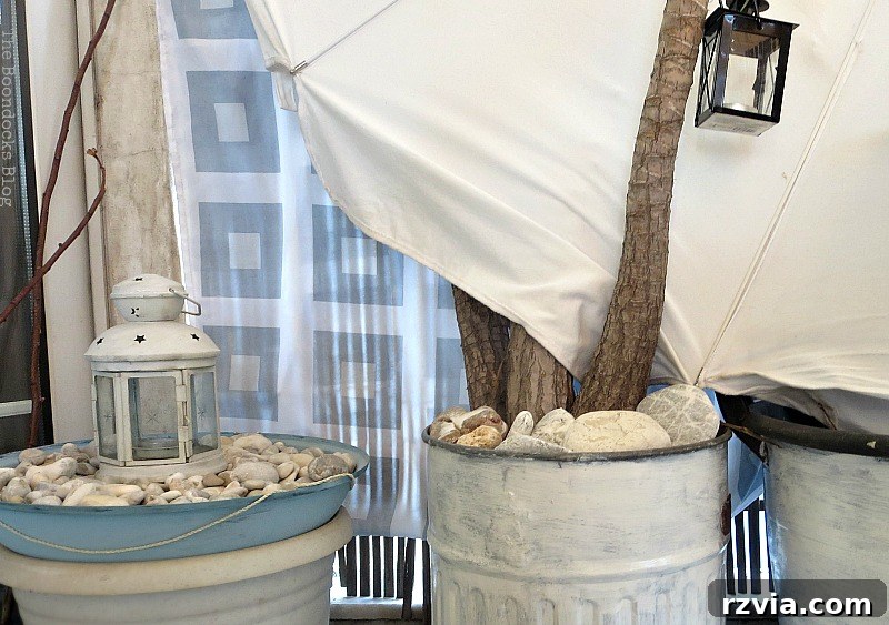 A repurposed nautical lantern adorning a planter, demonstrating creative upcycling and unique balcony decor. Pots Used to Hold Nautical Lantern, Part 1 www.theboondocksblog.com
