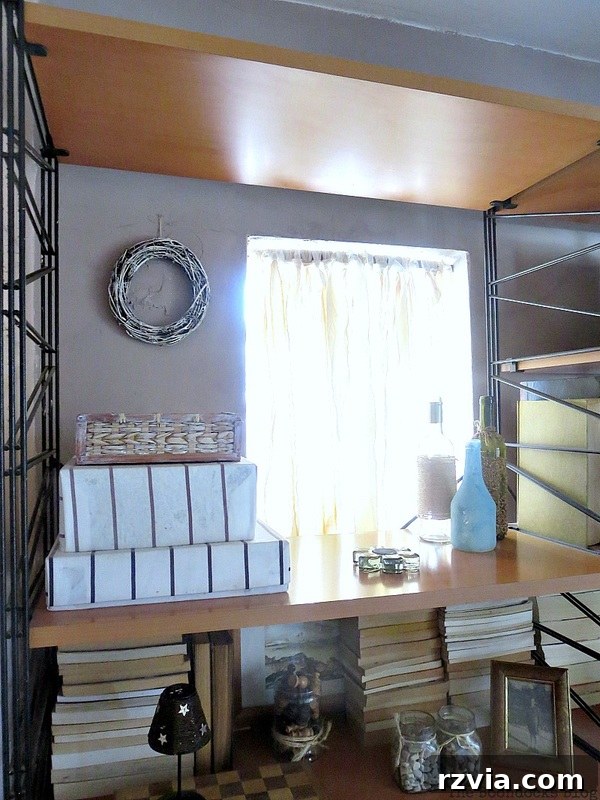 Overview of the DIY fabric and wood trim solution for filtering glass block window light.