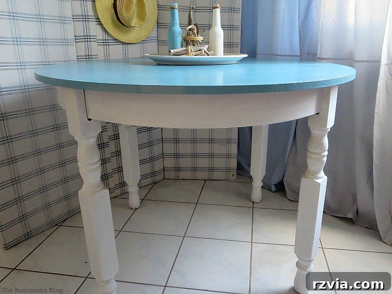 Full view of the table after its amazing transformation, showcasing the complete Greek Beach Table makeover for the Int'l Bloggers Club Challenge, by theboodocksblog.com