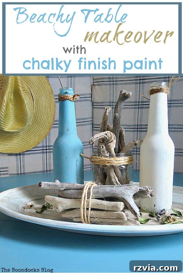 Pinterest graphic featuring the Beachy Table Makeover with Chalky Finish Paint, #furnituremakeover #paintedfurniture #laminatefurniture #chalkyfinishpaint #DIY #Summercolors #Beachylook #Coastalstyle #driftwood. Showcasing the Greek Beach Table from the Int'l Bloggers Club Challenge by theboodocksblog.com
