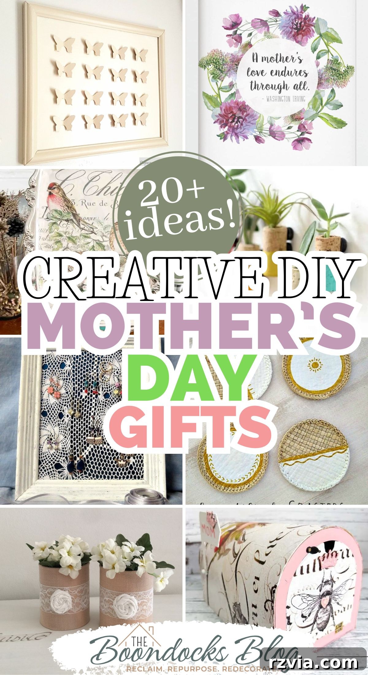 20 Heartfelt DIY Mother's Day Gifts She'll Treasure 25 Collage of images showing DIY Mother's Day gift ideas such as framed art, diy coasters and upcycled vases.