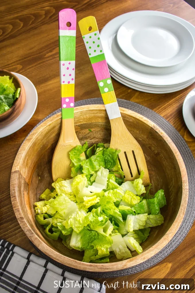 20 Heartfelt DIY Mother's Day Gifts She'll Treasure 4 DIY Colorful Painted Wooden Salad Tongs for a vibrant kitchen accessory
