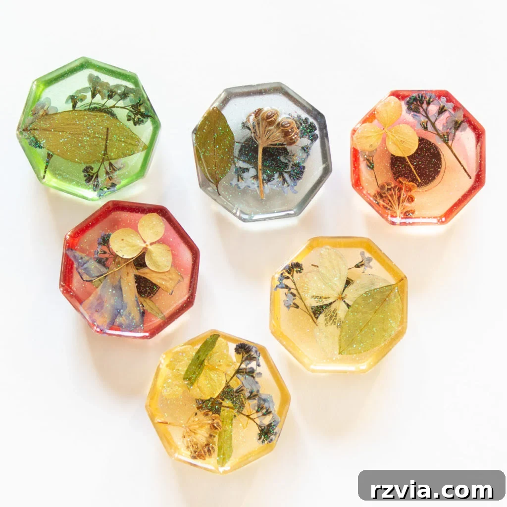 20 Heartfelt DIY Mother's Day Gifts She'll Treasure 6 Pressed flowers in resin fridge magnets as a unique Mother's Day gift
