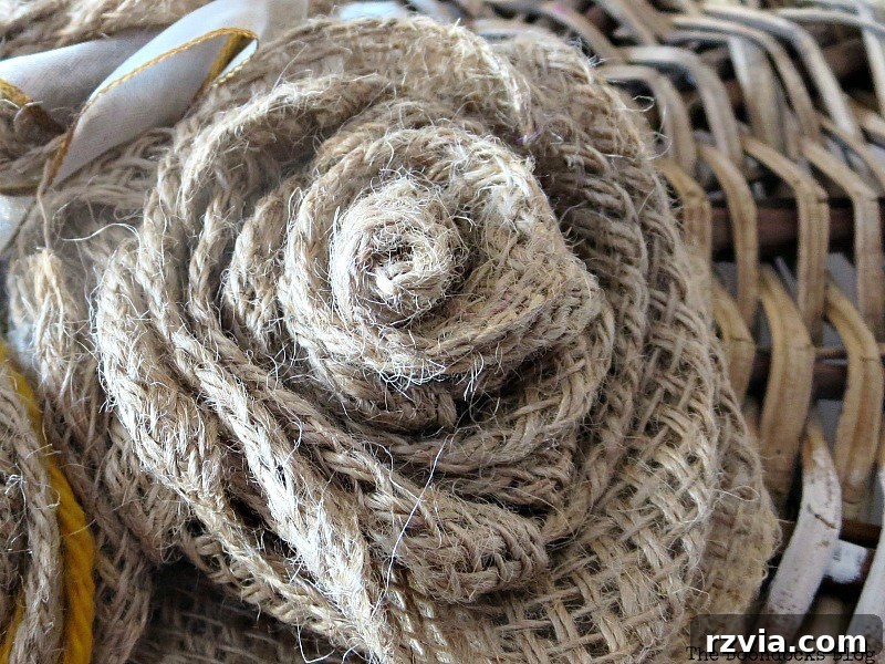 Shabby Chic Wicker Basket Revival 11 An initial attempt at a burlap rose, showing the learning process.