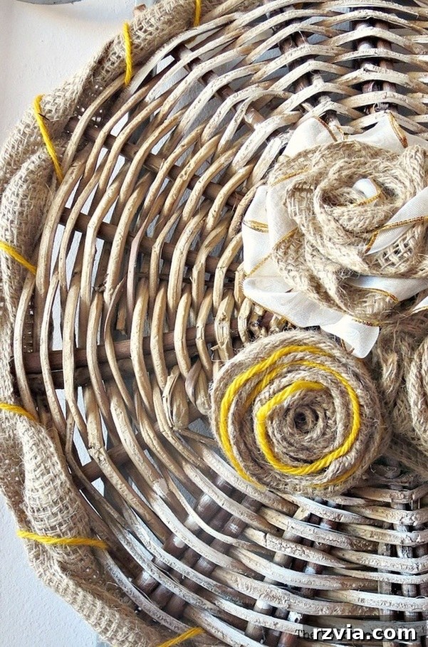 Shabby Chic Wicker Basket Revival 16 A close-up view of the 'Crafty Bottom' showing intricate details of burlap, yarn, and wicker.