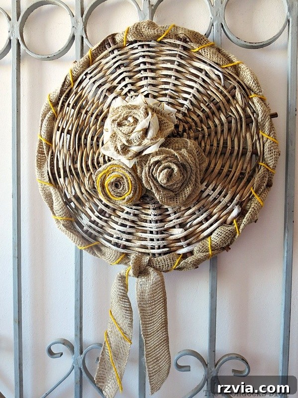 Shabby Chic Wicker Basket Revival 17 The finished upcycled basket bottom, featuring burlap, yarn, and ribbons, presented as rustic wall decor. Keywords: Easywallart, CraftyArt, Repurposedbasket, RusticwallArt.