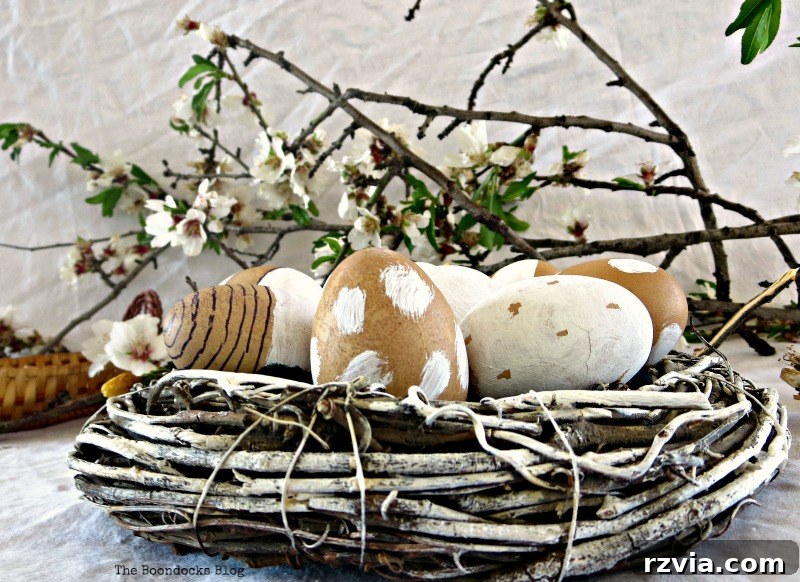 Side angle view of the rustic Easter egg nest, highlighting the layered elements