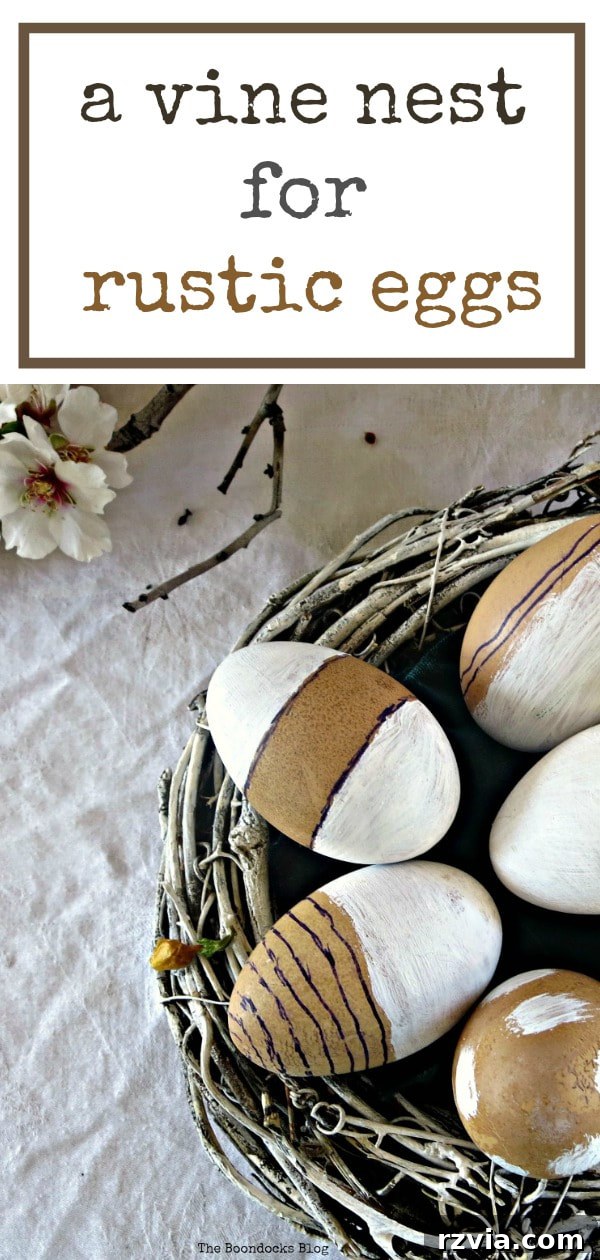Pinterest-ready image: Using a vine wreath to create a rustic nest for farm-fresh Easter eggs. Tags: #Eastereggs #RusticNest #EasterWreath #SpringCraft #Easycraft #Eastercraft #vinewreath #paintedwreath #SimpleEastercraft #eastercenterpiece
