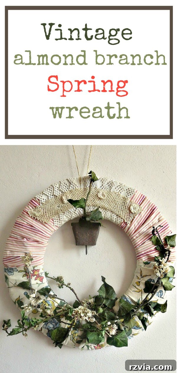 SEO optimized image: Handcrafted almond blossom wreath for spring decor, showcasing vintage farmhouse style with natural almond branches and upcycled materials. Keywords: #vintage #naturalwreath #springwreath #DIYwreath #almondwreath #farmhousestyle