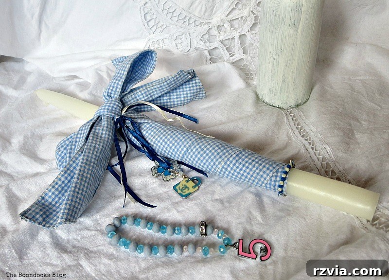 International Bloggers Easter Candle Challenge 5 A beautifully decorated blue Easter candle, highlighting the intricate details and vibrant colors common in Greek Lambades.