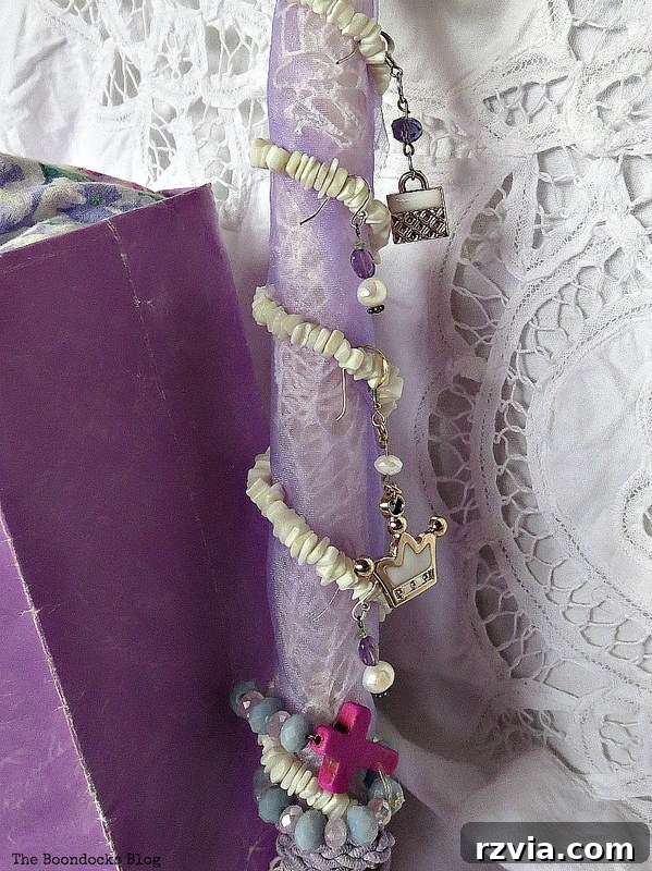 International Bloggers Easter Candle Challenge 7 Intricate details of a decorative lavender Easter candle, showcasing the artistry and craftsmanship.