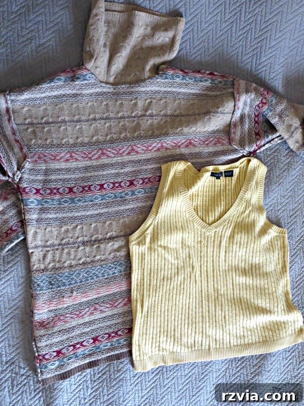 Quick & Cozy: DIY Sweater Pillows 3 Two old sweaters, a patterned one with sleeves and a turtleneck, and a plain sweater vest, ready to be upcycled into easy DIY sweater pillows.