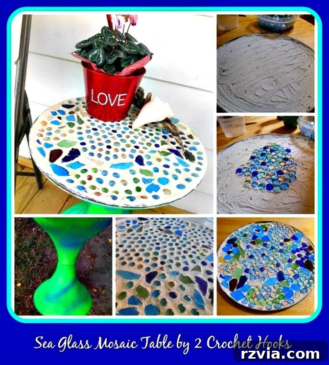Craft Your Own Sea Glass Mosaic Table 3 A captivating collage showcasing the various stages of crafting a DIY sea glass mosaic table, highlighting the vibrant transformation by 2 Crochet Hooks.