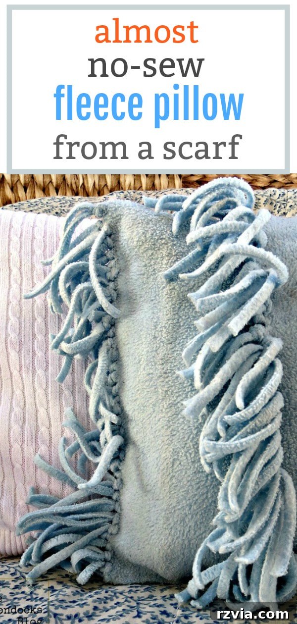 Effortless Fleece Pillow 16 Pinterest graphic for 'Almost No-Sew Fleece Pillow Repurposed from Scarf'