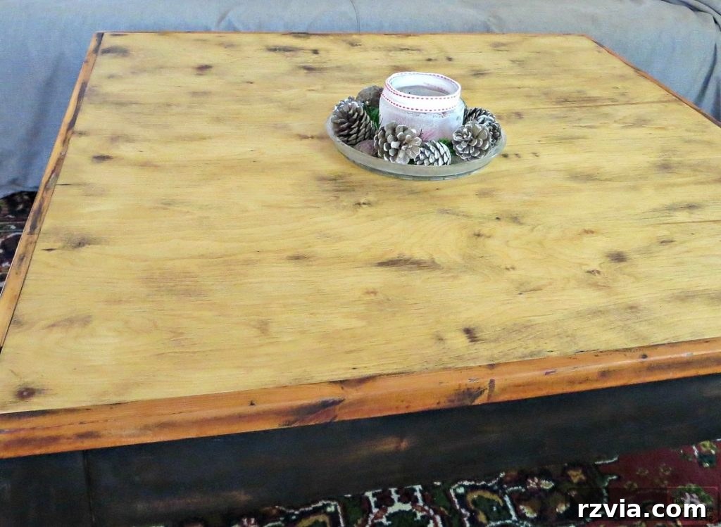Vibrant Tri-Tone Reclaimed Coffee Table 15 Another perspective of the refurbished coffee table in the living room, showing its functional beauty and rustic charm.