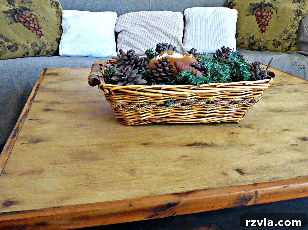 Vibrant Tri-Tone Reclaimed Coffee Table 17 Close-up of the smooth, blonde finished coffee table surface after refurbishment.