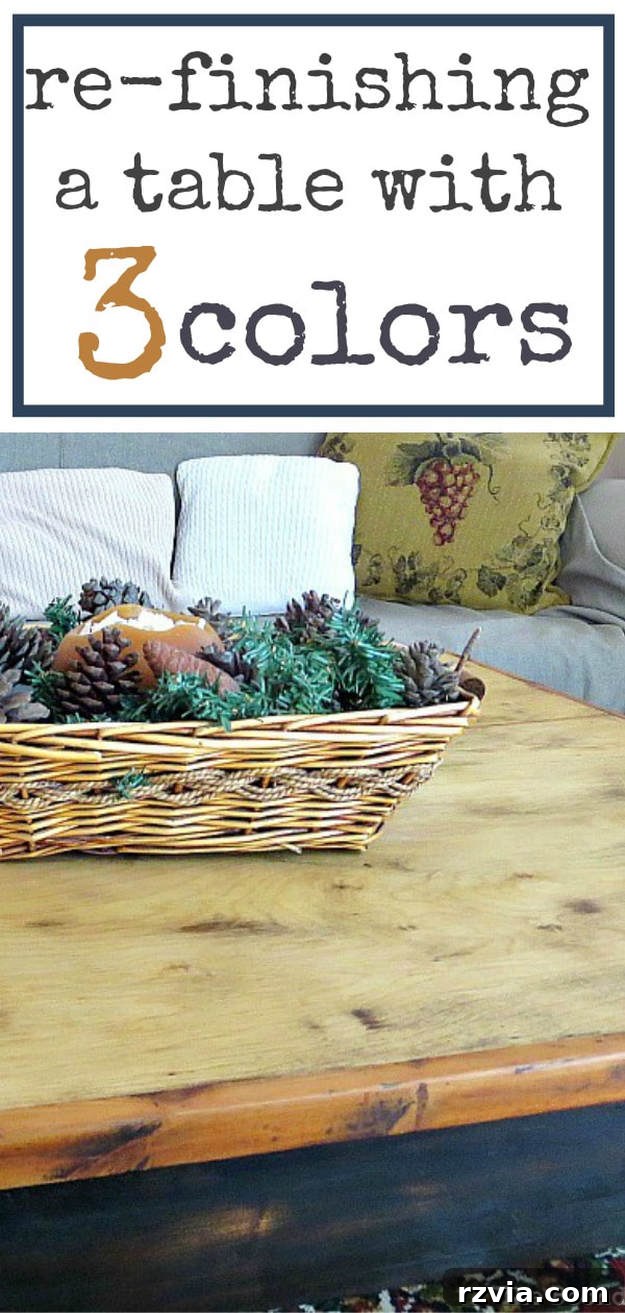 Vibrant Tri-Tone Reclaimed Coffee Table 19 Pinterest-ready image showcasing the DIY refurbished coffee table with its new tri-colored finish and rustic charm, perfect for sharing.