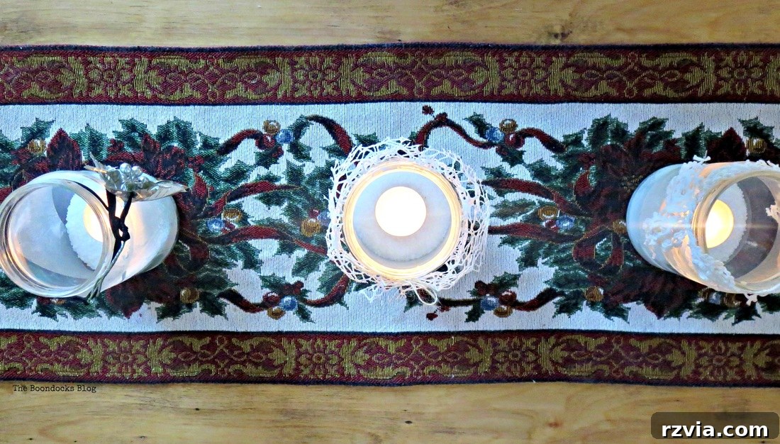 Phantom Snow 12 Overhead view of multiple lit tealight holders, showcasing a warm display
