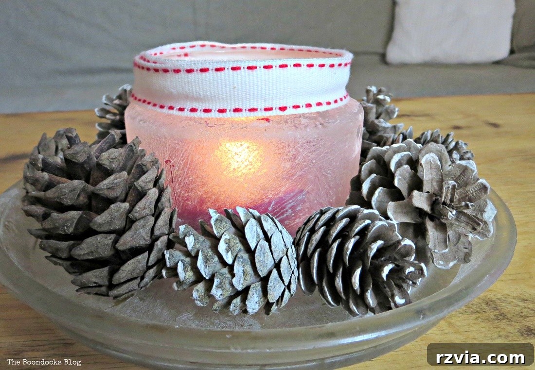Phantom Snow 13 Frosted glass centerpiece with pine cones and crystal ice spray, for winter decor