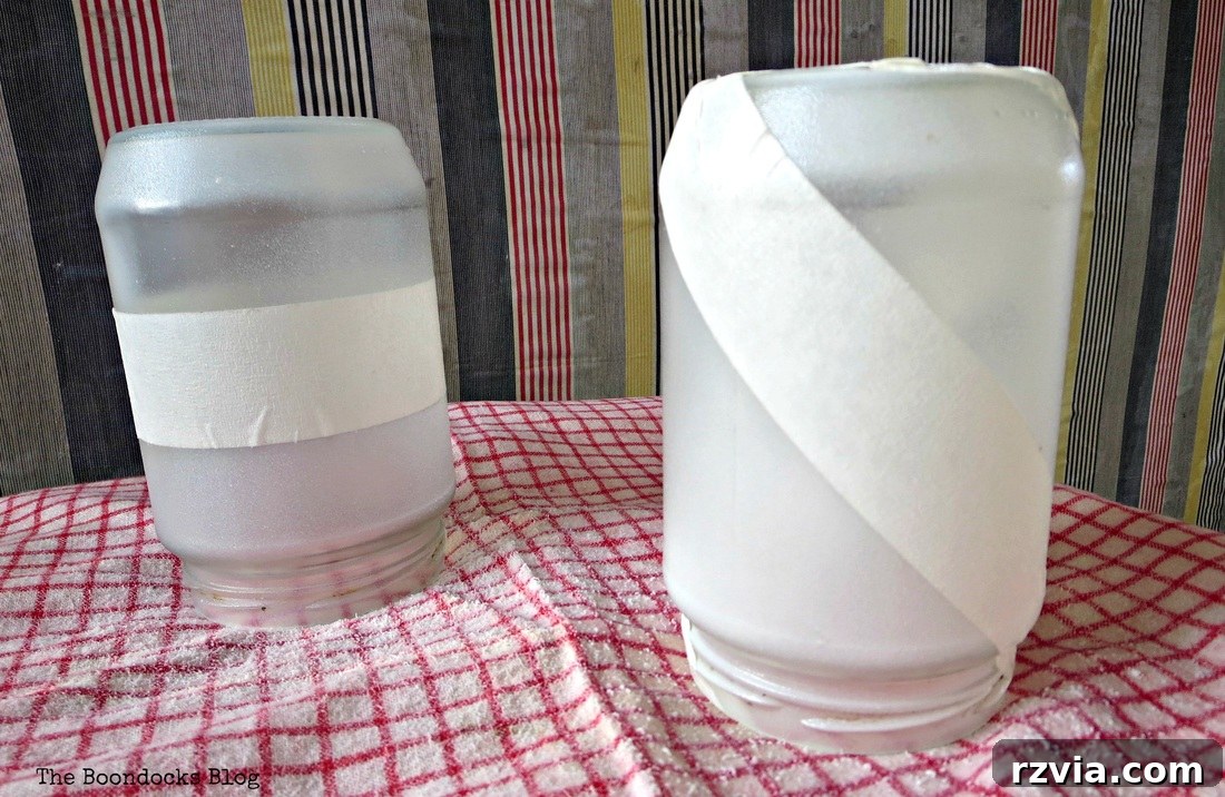 Phantom Snow 4 Glass jars taped and sprayed with crystal ice spray, awaiting the reveal