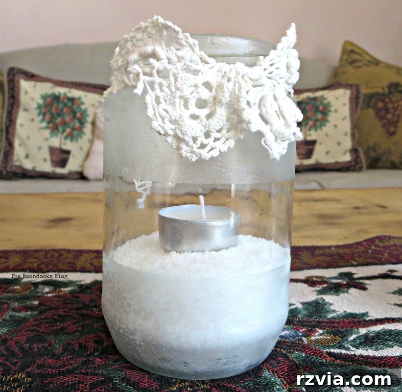 Phantom Snow 6 Close-up of a tealight holder showcasing crystal ice spray and crochet lace texture